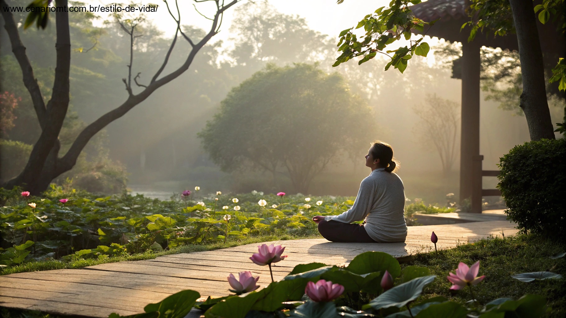 Uma pessoa meditando em um jardim tranquilo ao nascer do sol, simbolizando a transformação da rotina diária com mensagens de bom dia.