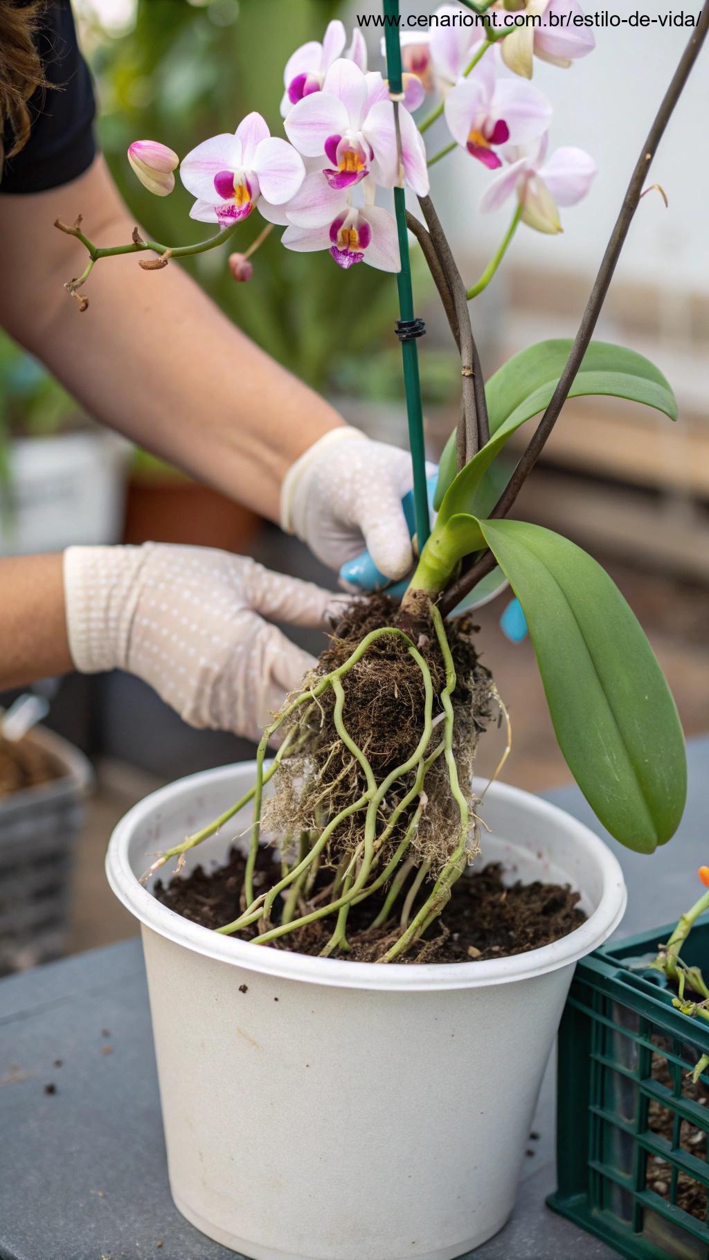 Uma orquídea sendo transplantada para um vaso maior com substrato fresco, mostrando o manuseio cuidadoso de suas raízes