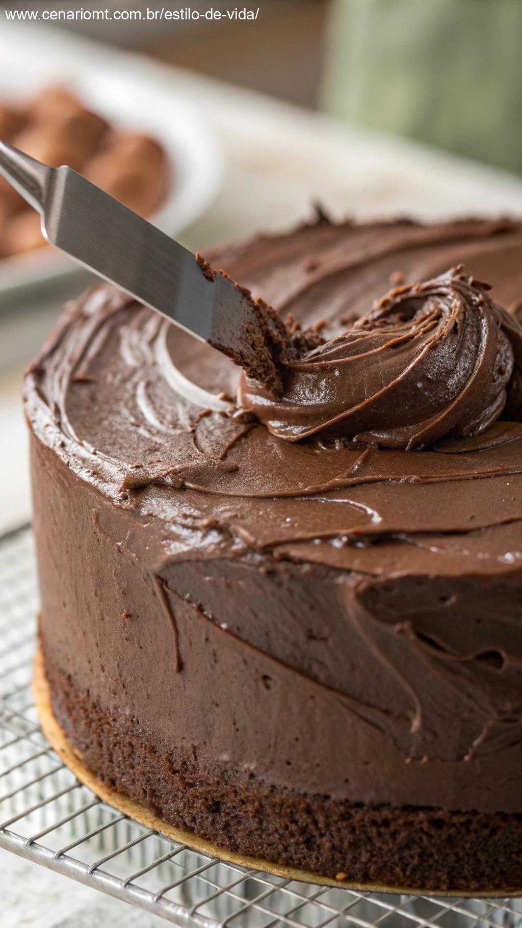 Trufa de chocolate sendo espalhada delicadamente sobre o bolo com uma espátula.
