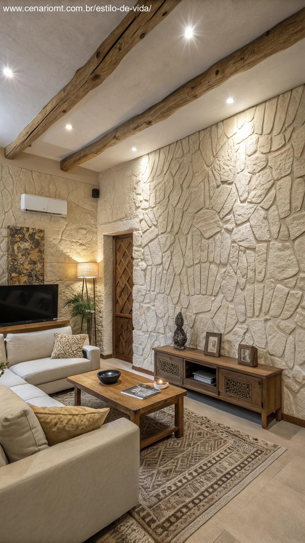 sala com paredes texturizadas que trazem uma atmosfera única