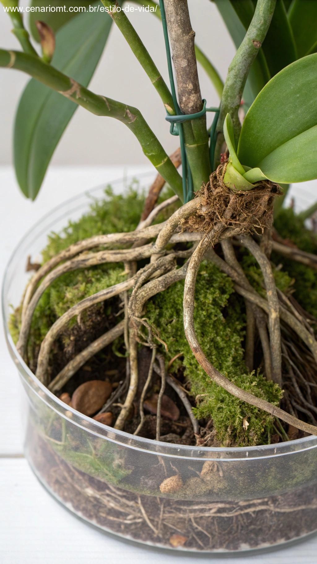 Close-up das raízes de uma orquídea cercadas por uma mistura de substrato adequada de casca e musgo em um vaso transparente