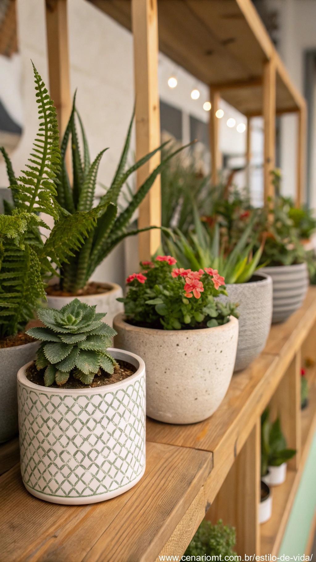 Coleção de vasos modernos de diferentes tamanhos e materiais, cada um com uma planta de interior saudável