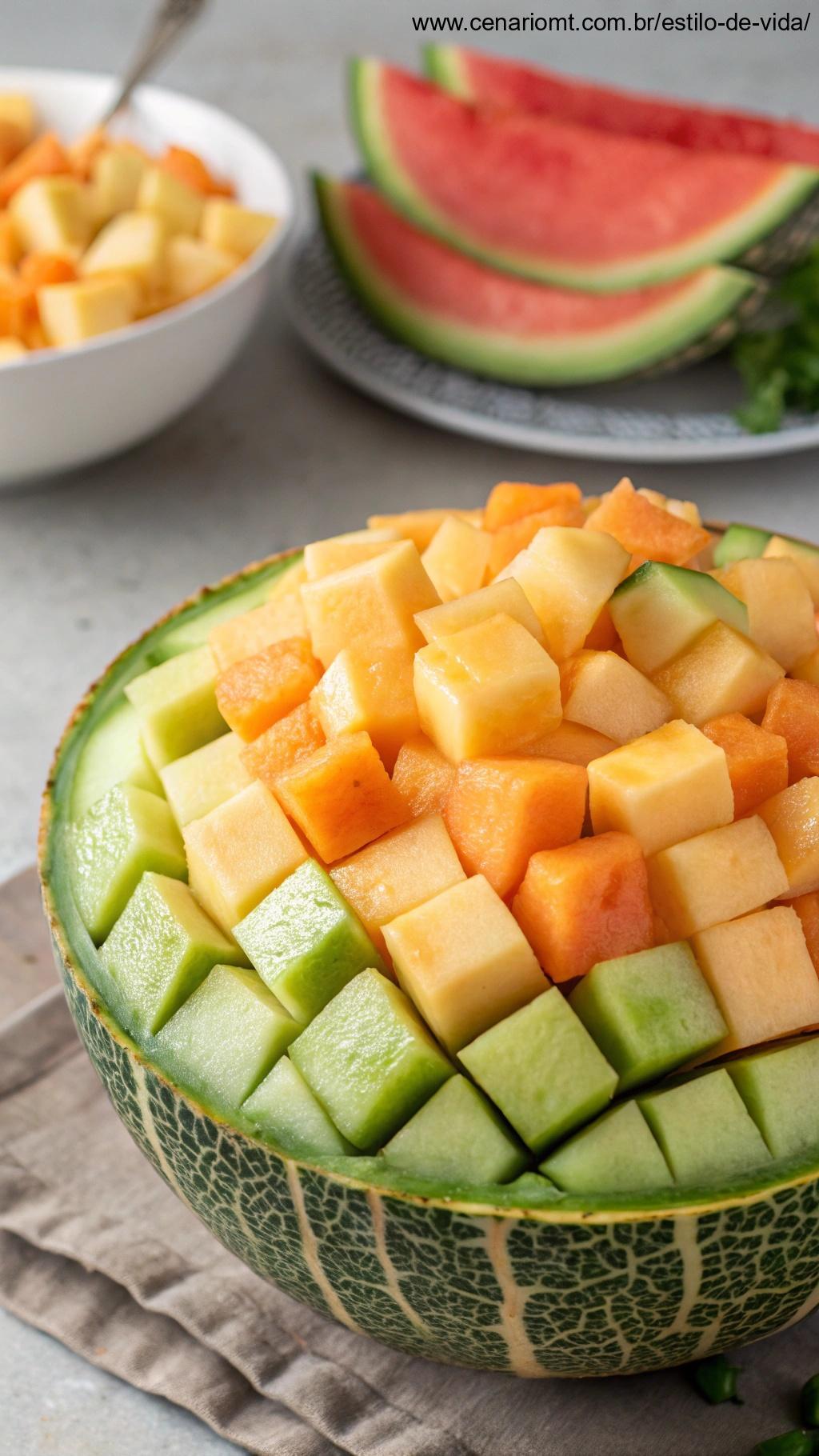 Fruta de melão cortada em cubos pequenos, colocada de forma criativa em uma tigela de salada, representando sua versatilidade nas refeições.