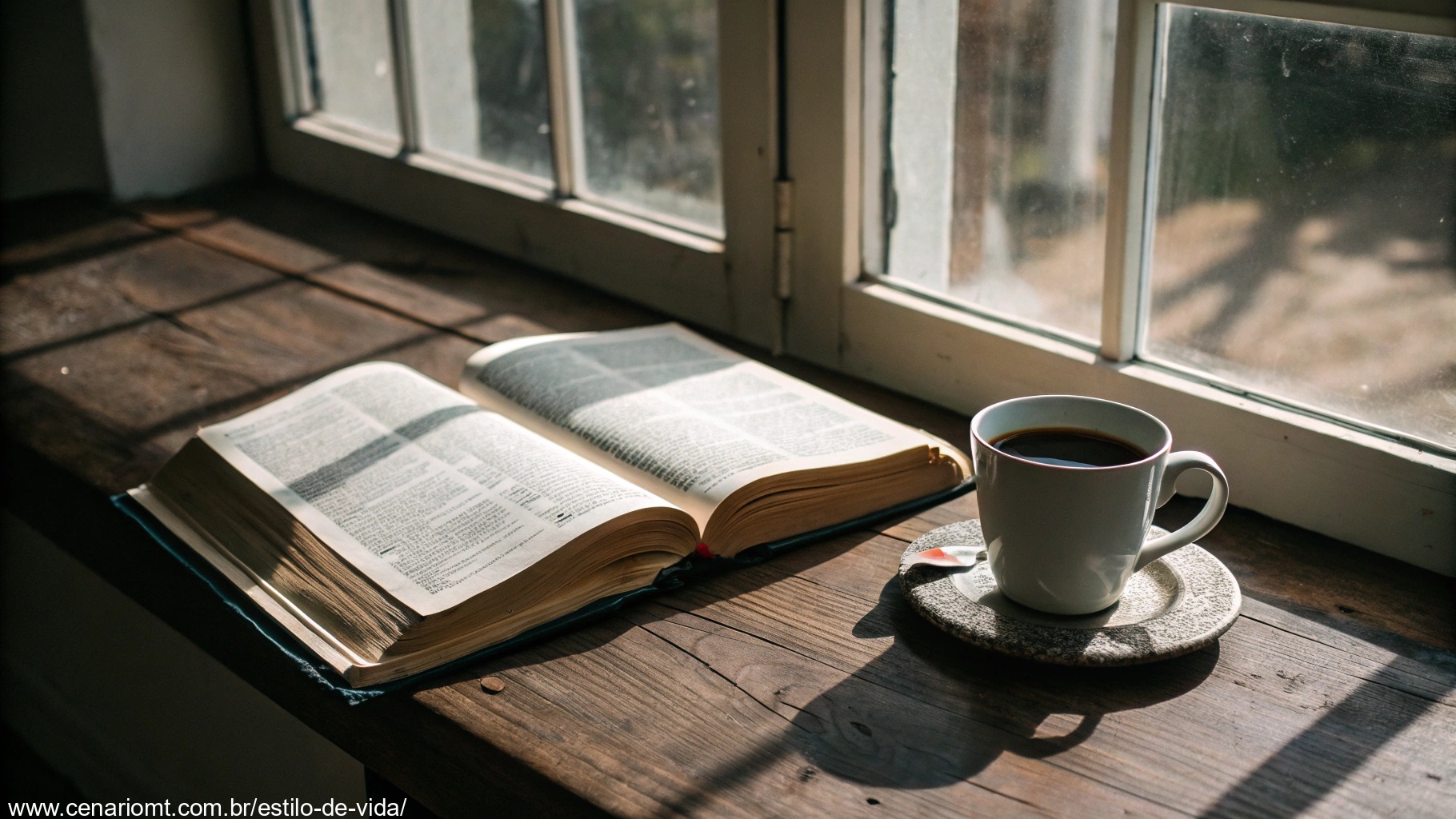 Imagem de uma Bíblia aberta em uma mesa ao lado de uma xícara de café, simbolizando inspiração e fé.