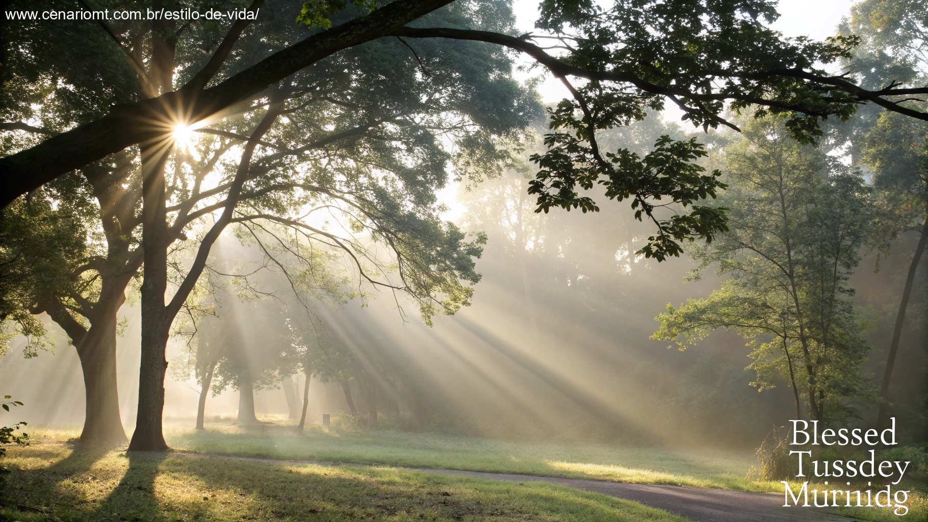imagem de uma manhã serena com luz do sol passando por árvores, simbolizando paz e espiritualidade