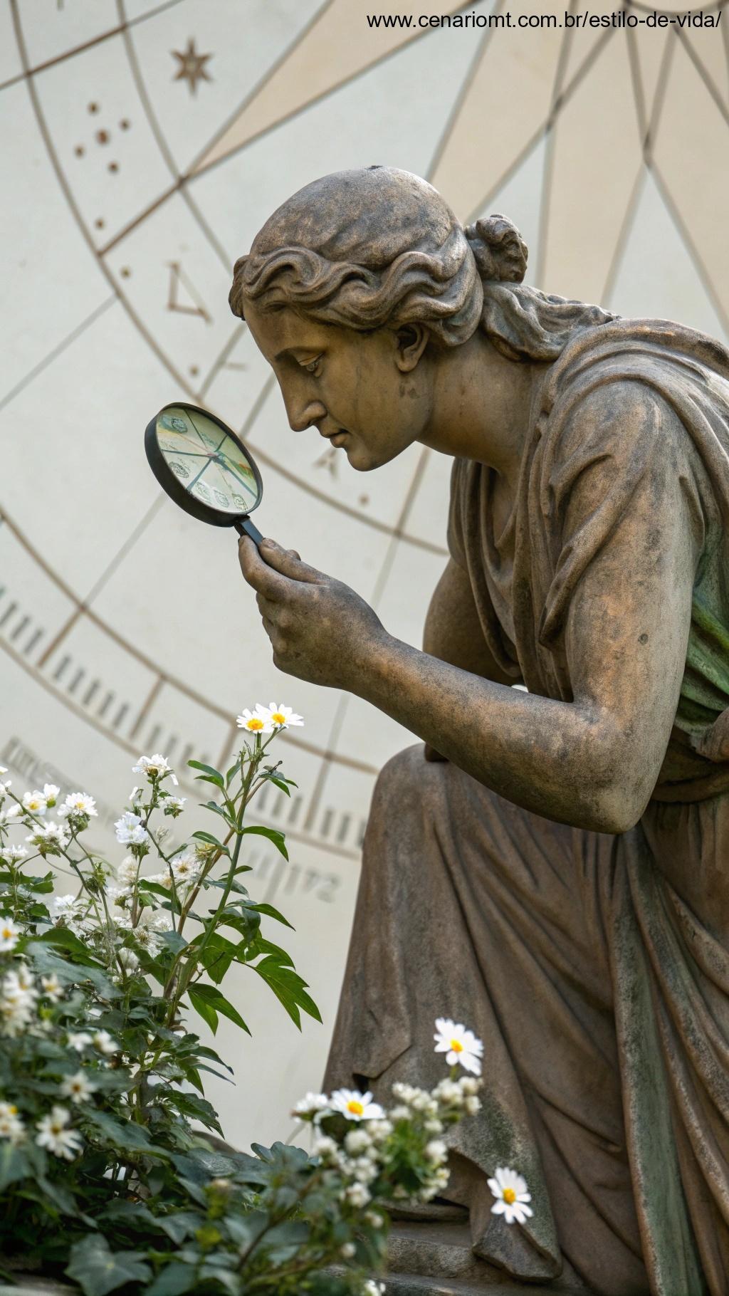 Virgem meticuloso examinando uma flor com uma lupa, cercado por padrões geométricos