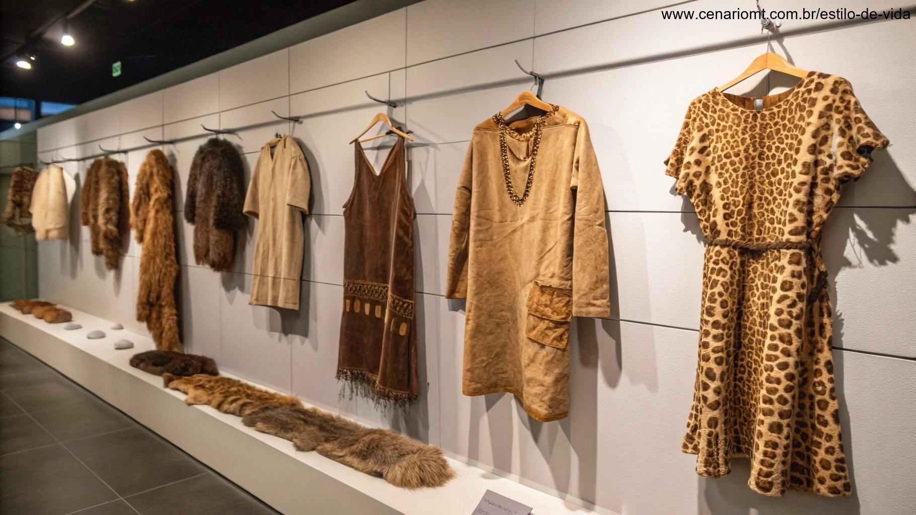 Uma linha do tempo da evolução das roupas, com peças feitas de peles de animais e tecidos tecidos.