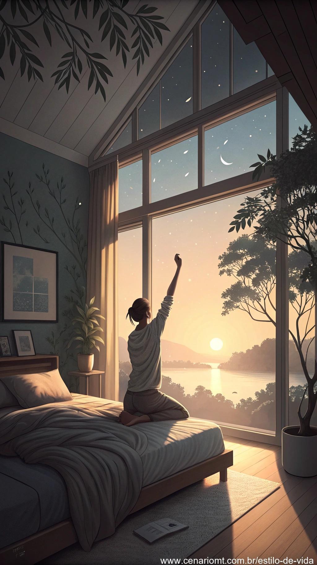 Imagem de um quarto tranquilo com luz suave da manhã entrando pela janela e uma pessoa fazendo alongamento ao lado da cama.