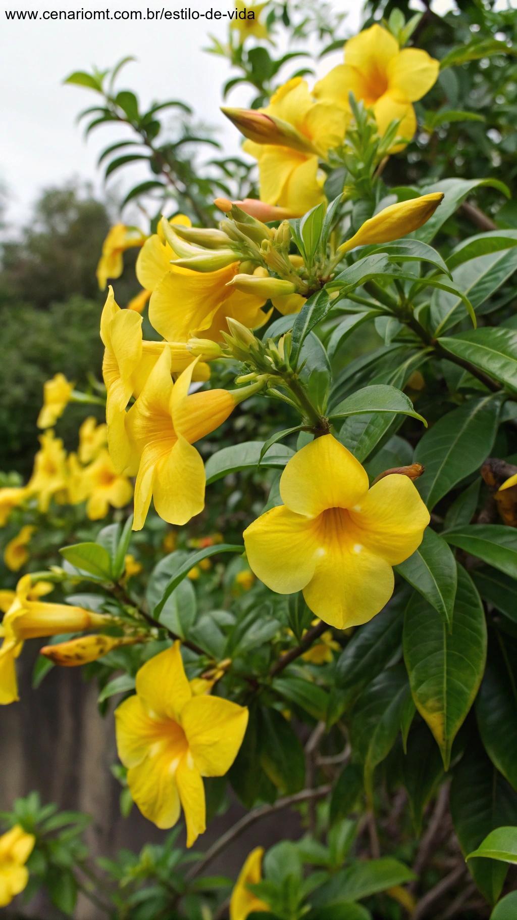 Planta Alamanda com flores amarelas em forma de trombeta, completamente abertas.