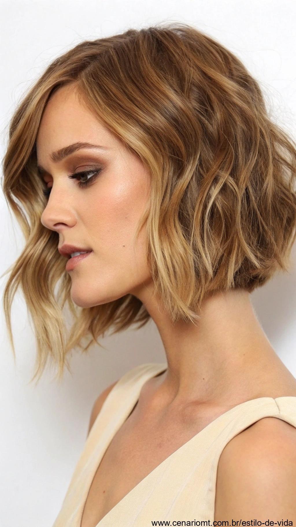 Corte de cabelo bob assimétrico com ondas suaves.