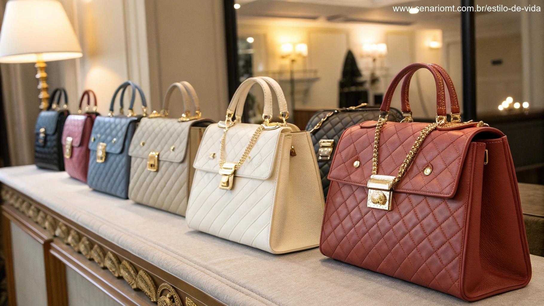 Bolsas estruturadas em diferentes cores e designs.