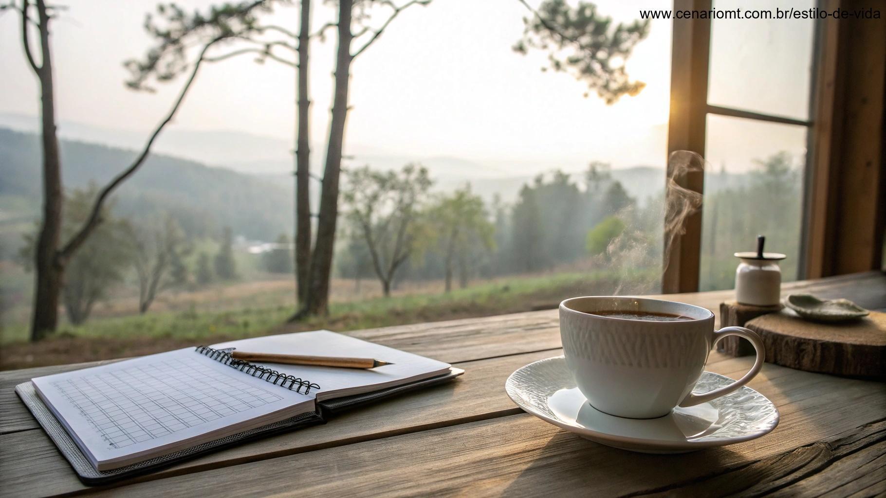 Configuração de rotina matinal tranquila com uma xícara de chá e um notebook