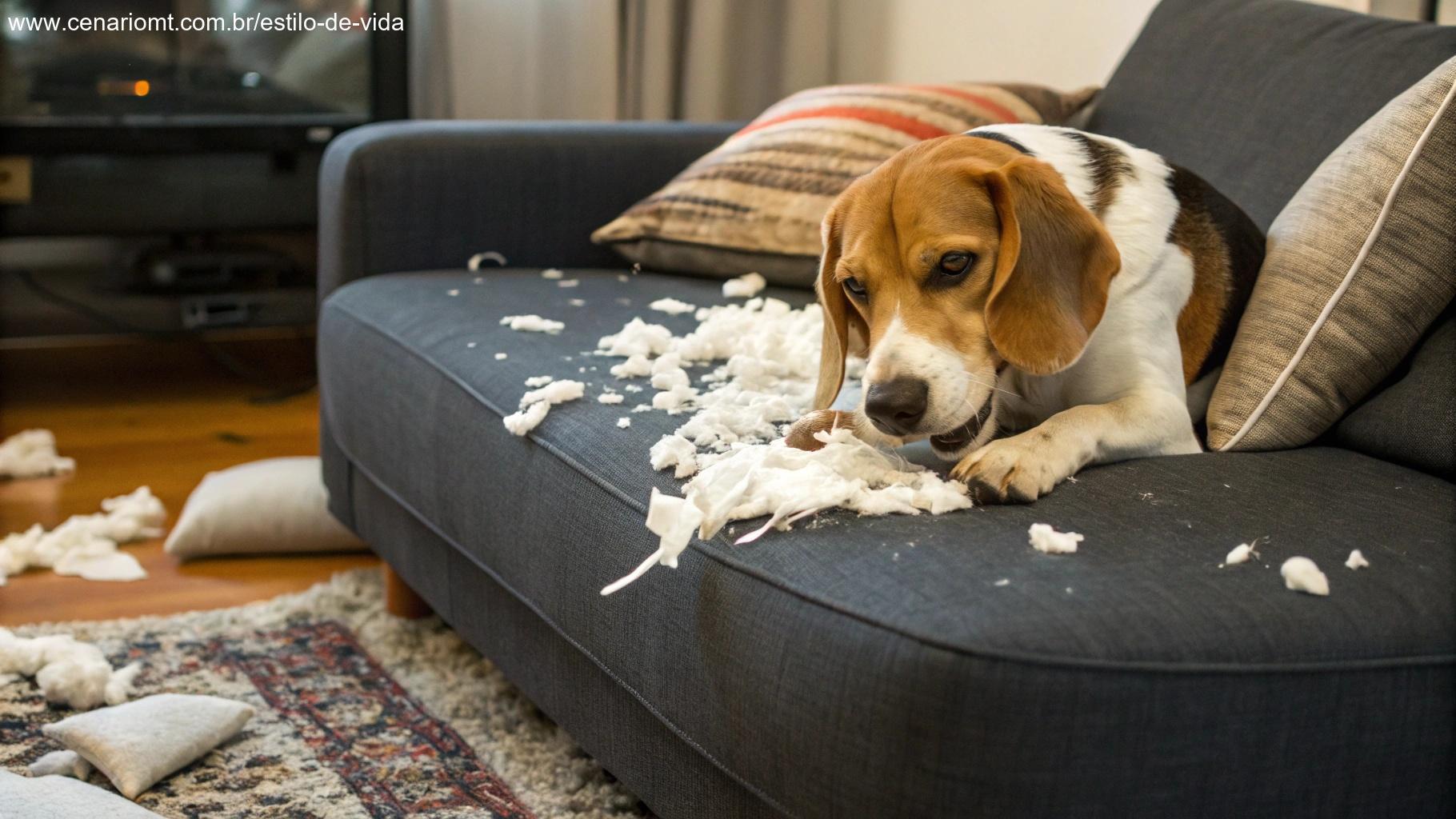 Cachorro roendo móveis, com almofadas rasgadas ao redor.
