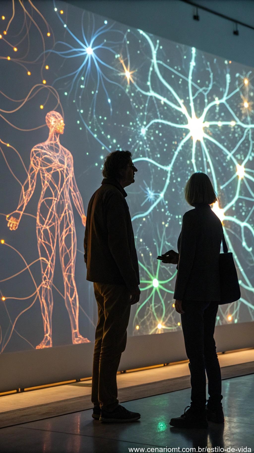 Representação criativa de inteligência artificial generativa com figuras humanoides de IA gerando arte e texto em tempo real, com redes neurais brilhantes ao fundo.