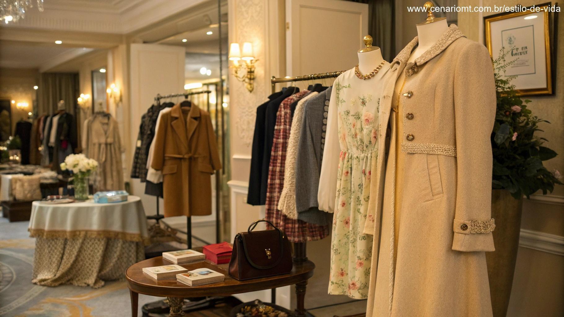Coleção de roupas de segunda mão exibidas em boutique elegante