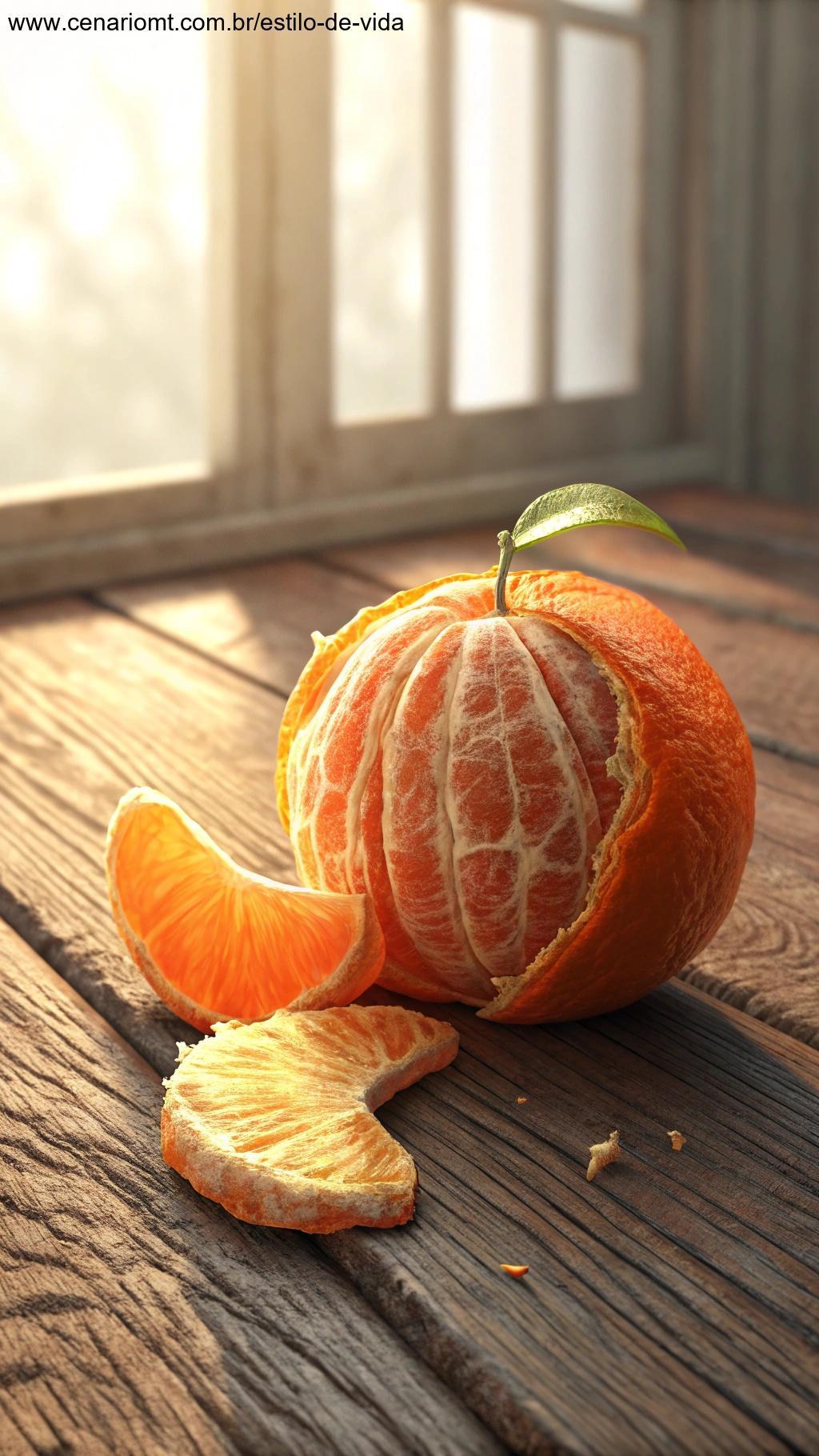 Uma laranja brilhante em uma superfície de madeira, com a casca laranja vibrante e texturizada, iluminada por luz natural suave.