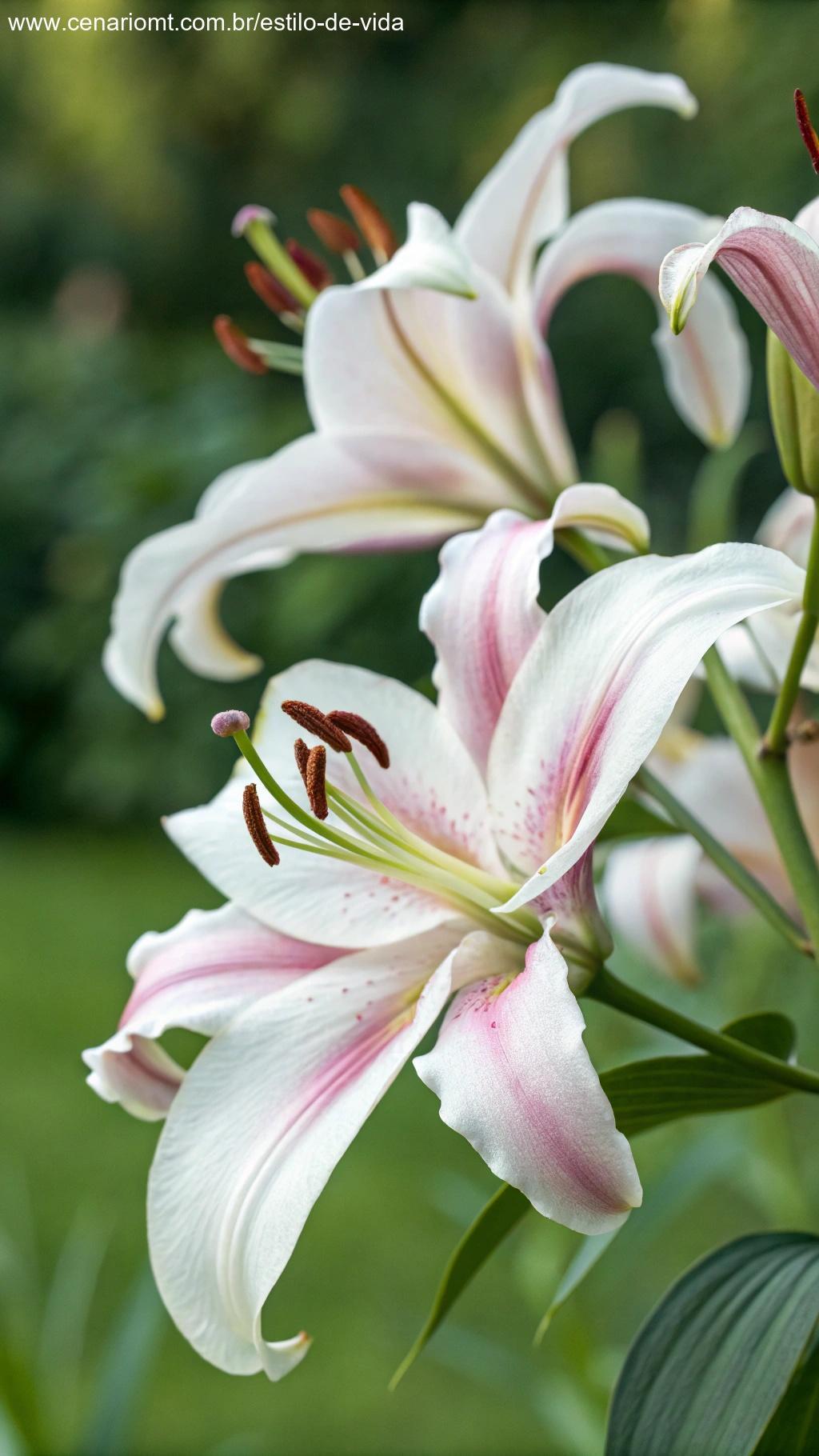 Uma visão detalhada de um lírio em plena flor, com suas pétalas elegantes em tons de branco e rosa, contra um fundo verde suave.