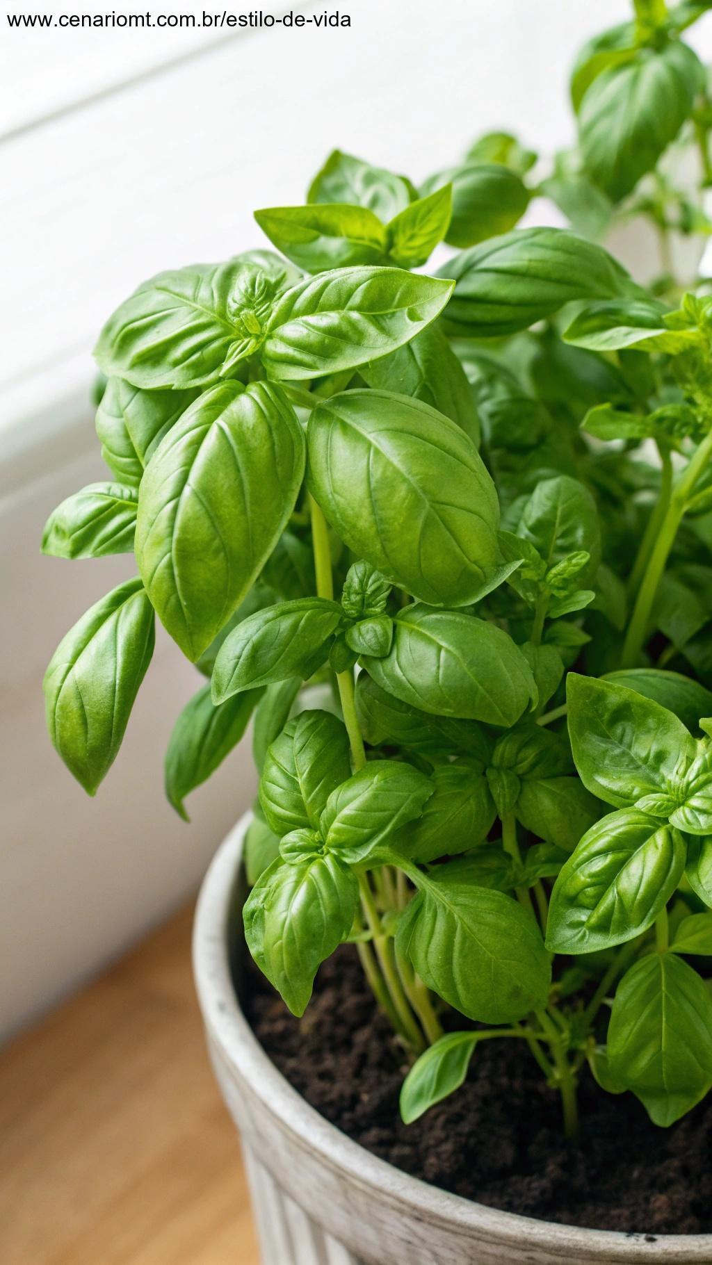 Uma planta de manjericão fresca e vibrante com folhas verdes brilhantes crescendo em um vaso.