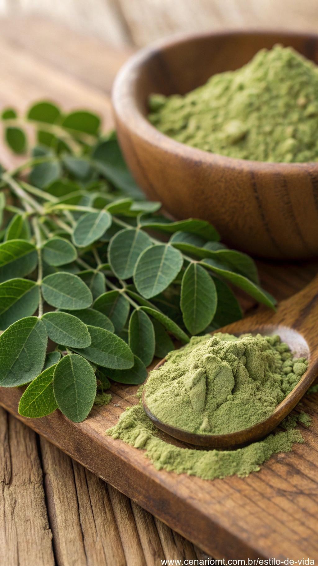 Folhas de moringa e pó de moringa em close-up, dispostos sobre uma mesa rústica de madeira, mostrando a cor verde vibrante e as texturas.