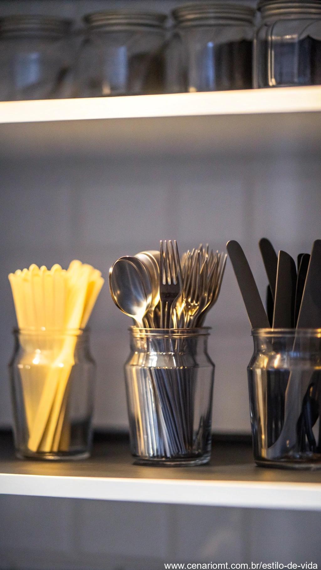 Cozinha organizada com frascos de vidro armazenando utensílios como colheres, garfos e facas, em estilo minimalista.