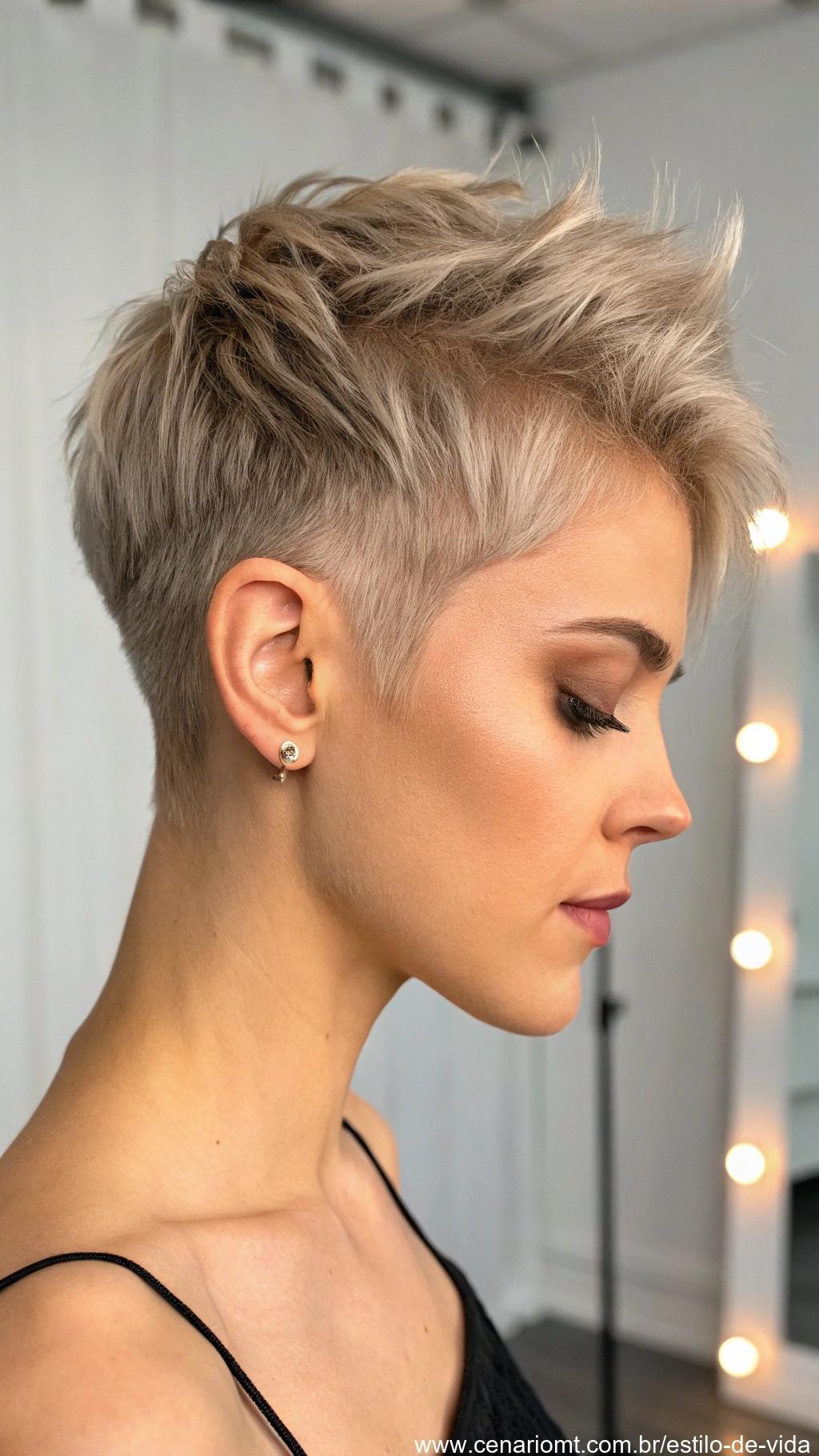 Corte pixie assimétrico com estilo moderno e detalhes arrojados.