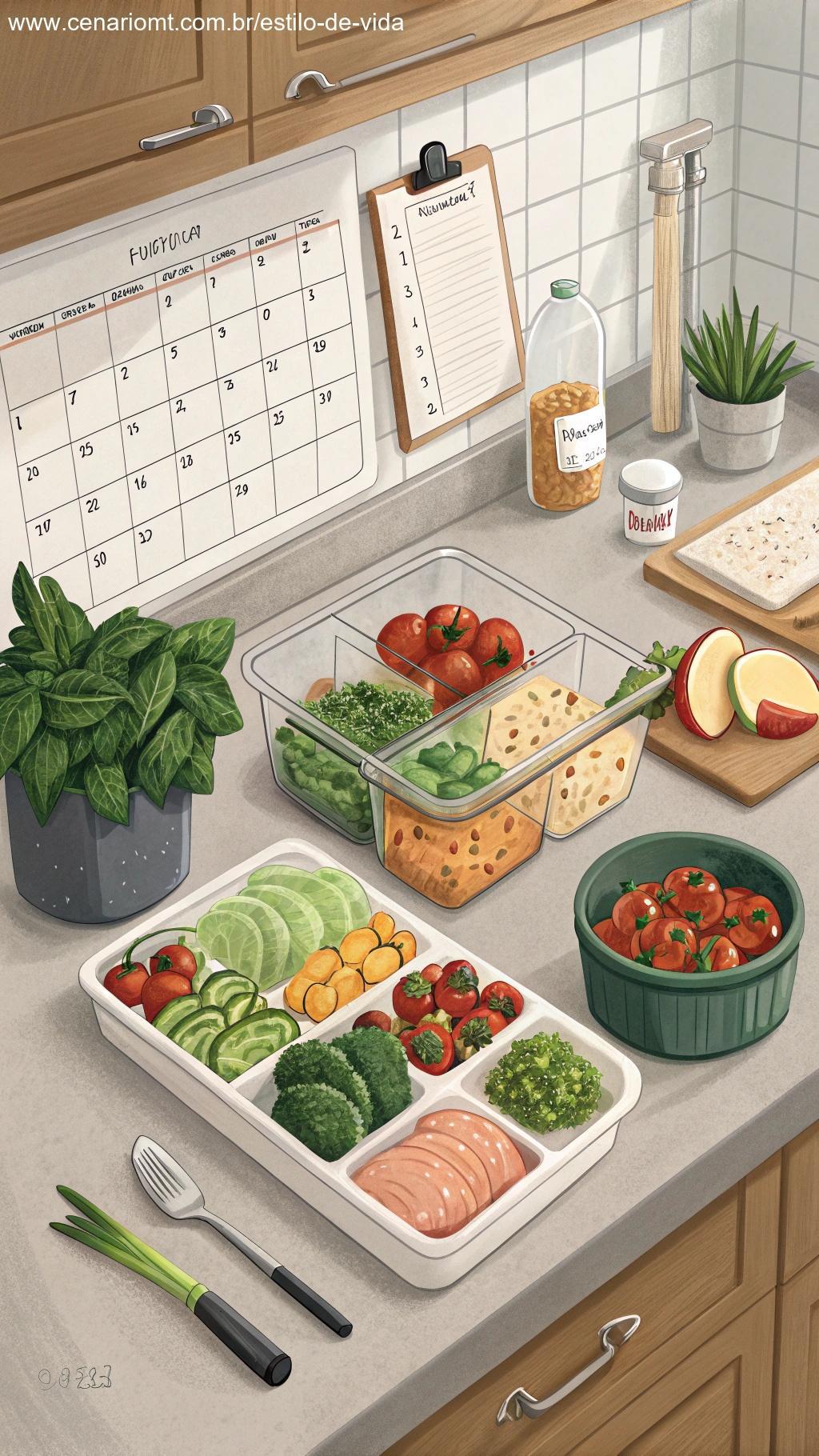 Bancada de cozinha com setup para planejamento de refeições e ingredientes frescos.