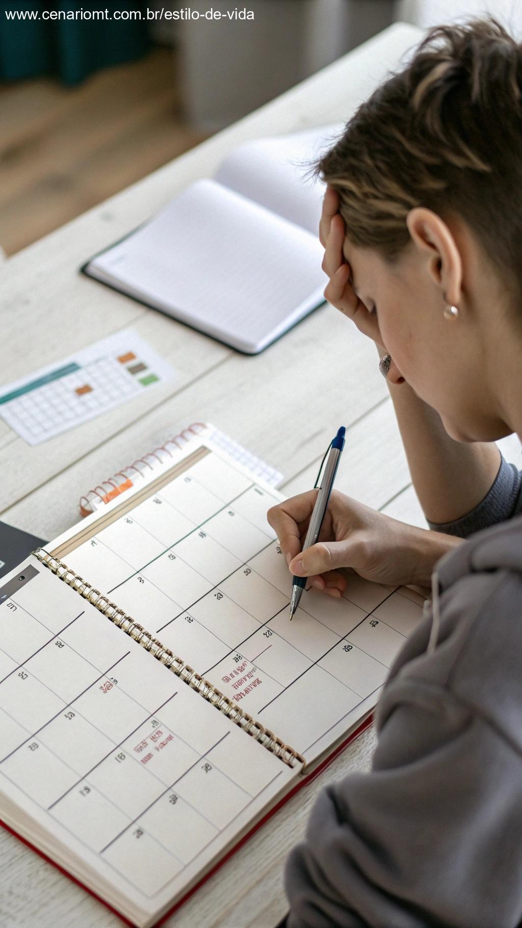 Pessoa olhando para um calendário vazio com uma caneta na mão, parecendo confusa, simbolizando a falta de planejamento.
