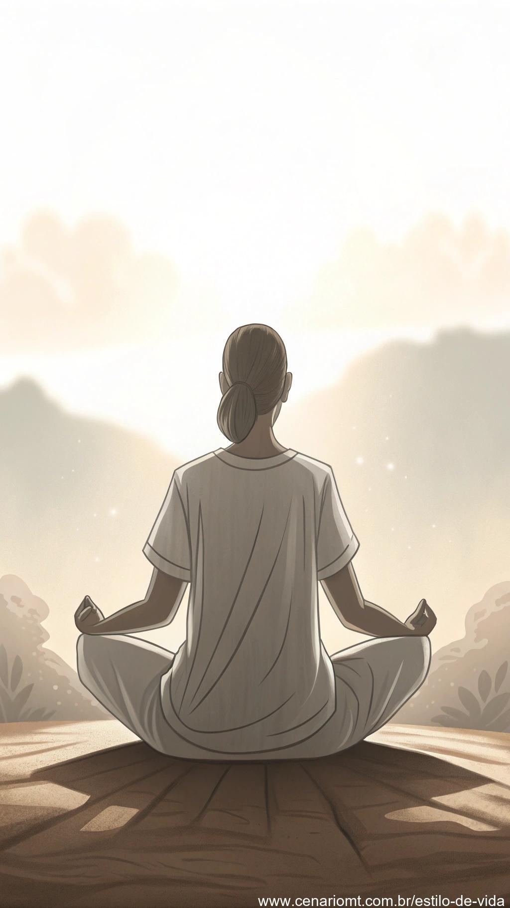 Figura calma sentada de pernas cruzadas em um ambiente minimalista.