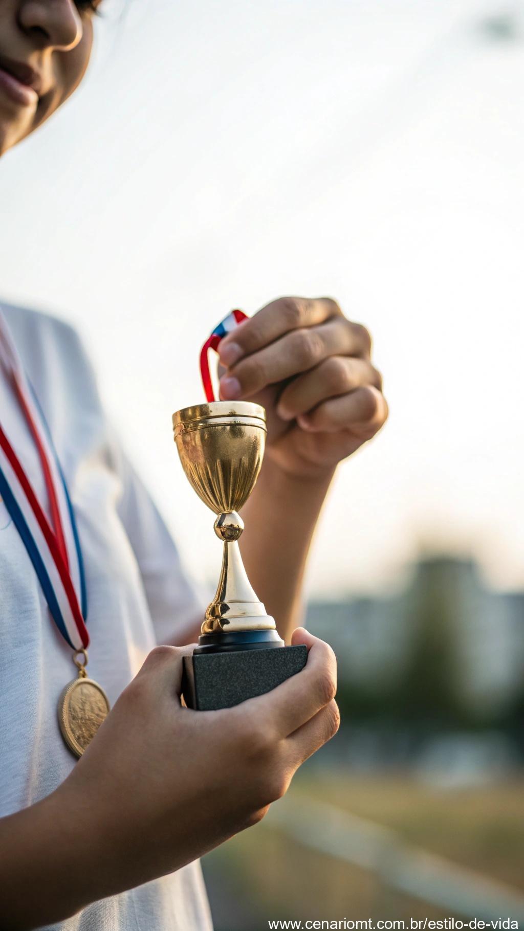 Uma pessoa segurando um troféu pequeno, simbolizando conquistas passadas.