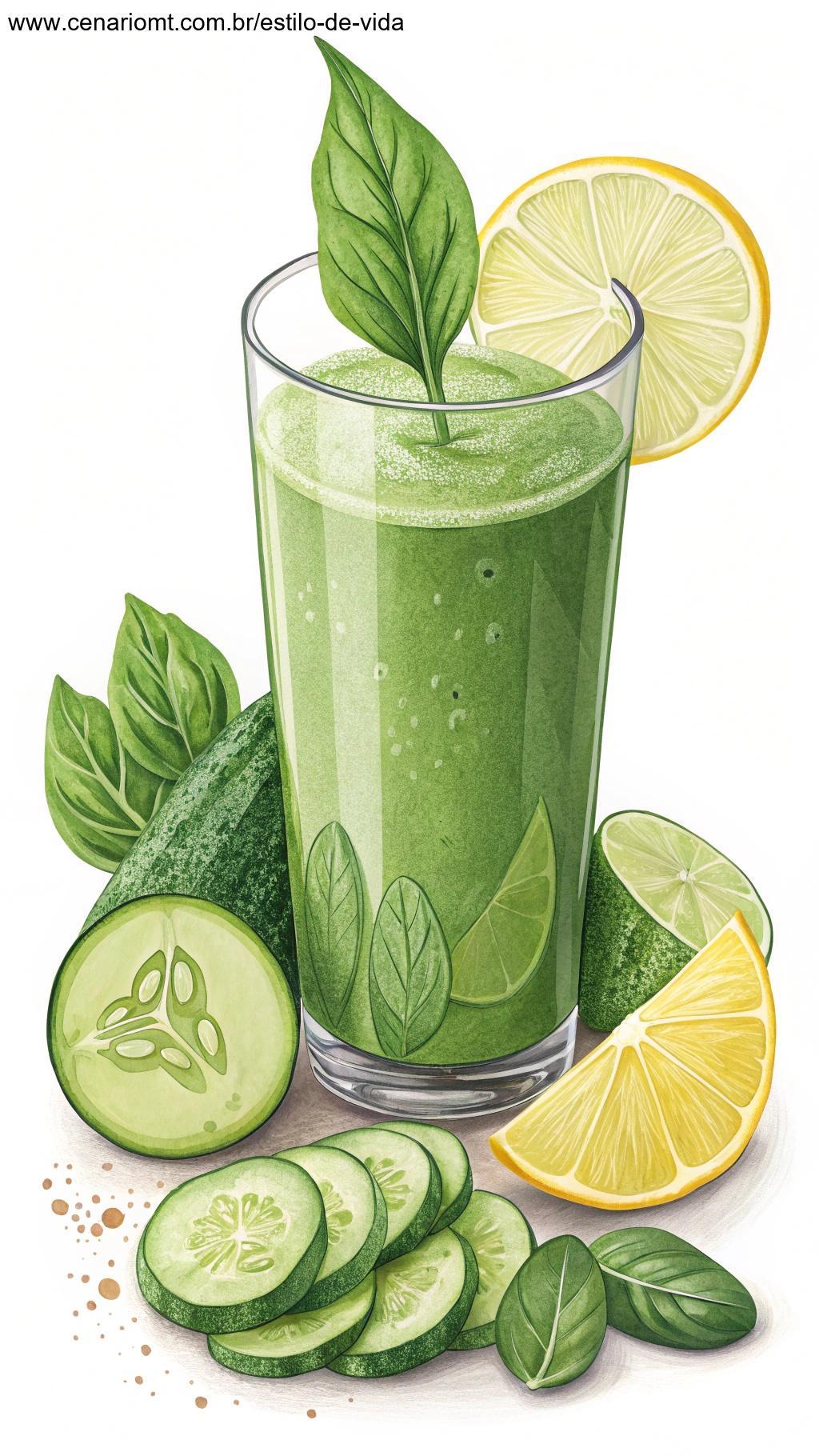 Suco verde refrescante feito com espinafre, pepino, limão e maçã, servido em um copo transparente com uma guarnição de folhas verdes.