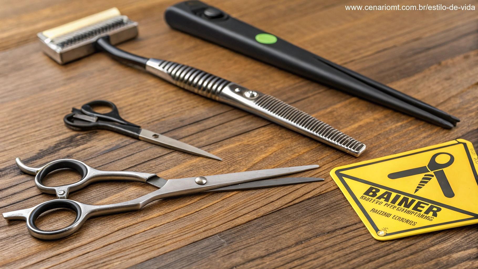 Uma ilustração de ferramentas de cabeleireiro, incluindo tesouras cegas, tesouras de cozinha e um barbeador, simbolizando o erro de usar ferramentas inadequadas para cortar o cabelo.
