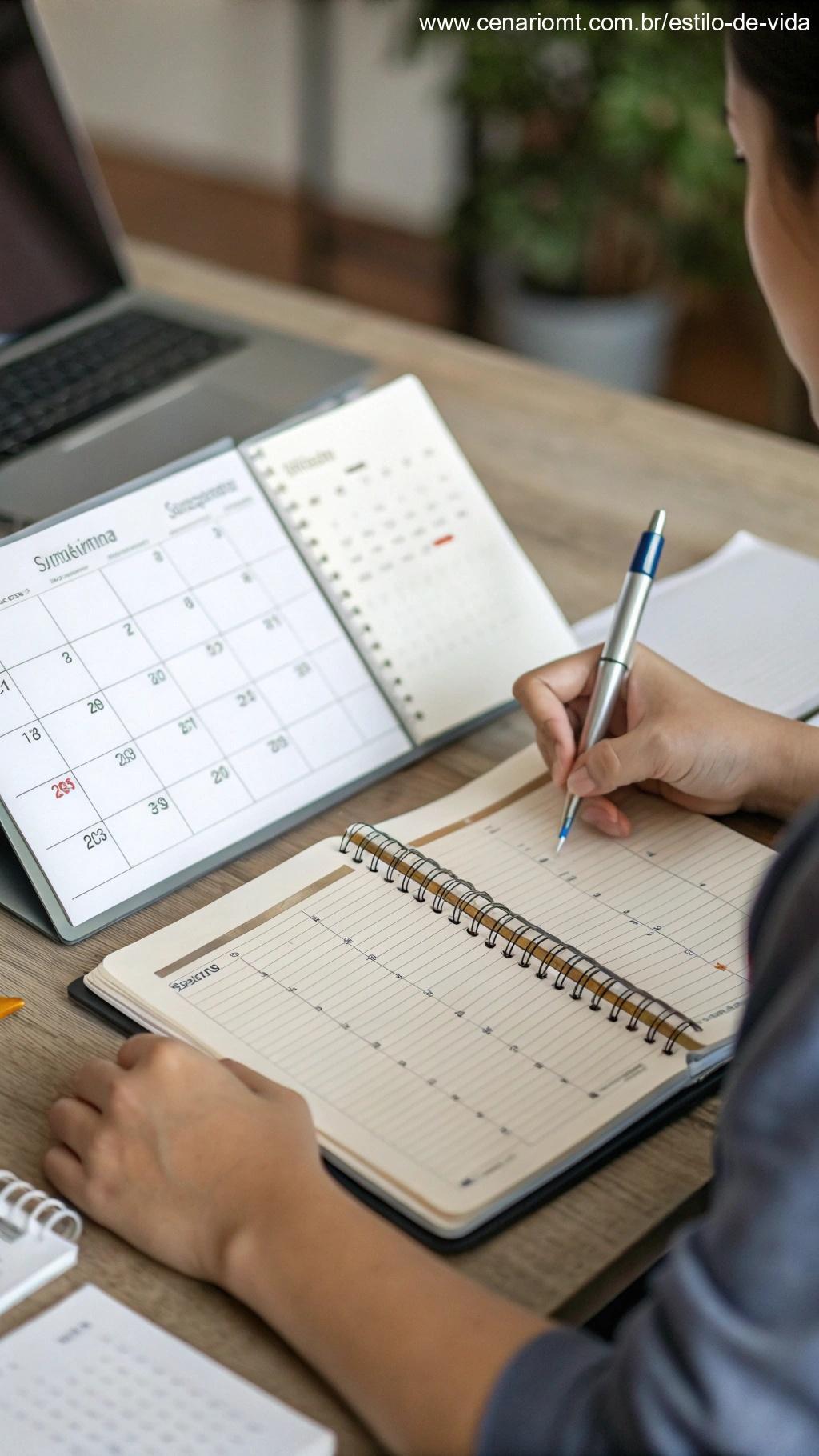 Pessoa planejando sua semana com um calendário e caderno, representando um planejamento eficaz.