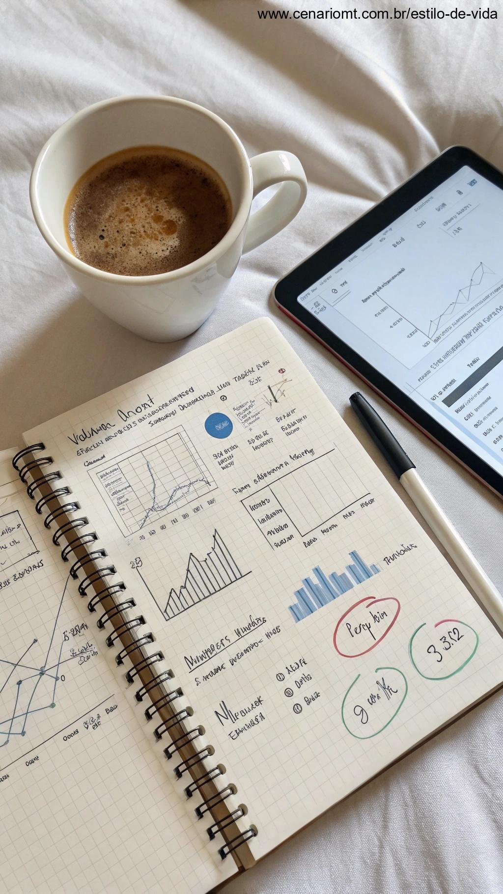 Um caderno com gráficos de produtividade e anotações, mostrando avaliação de progresso, ao lado de uma xícara de café e um tablet.