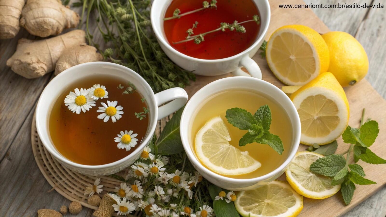 Variedade de chás naturais com ervas frescas e frutas