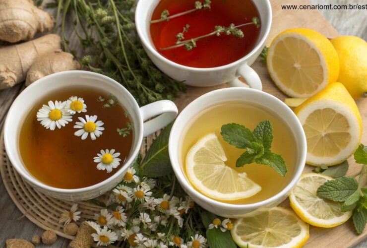 Variedade de chás naturais com ervas frescas e frutas