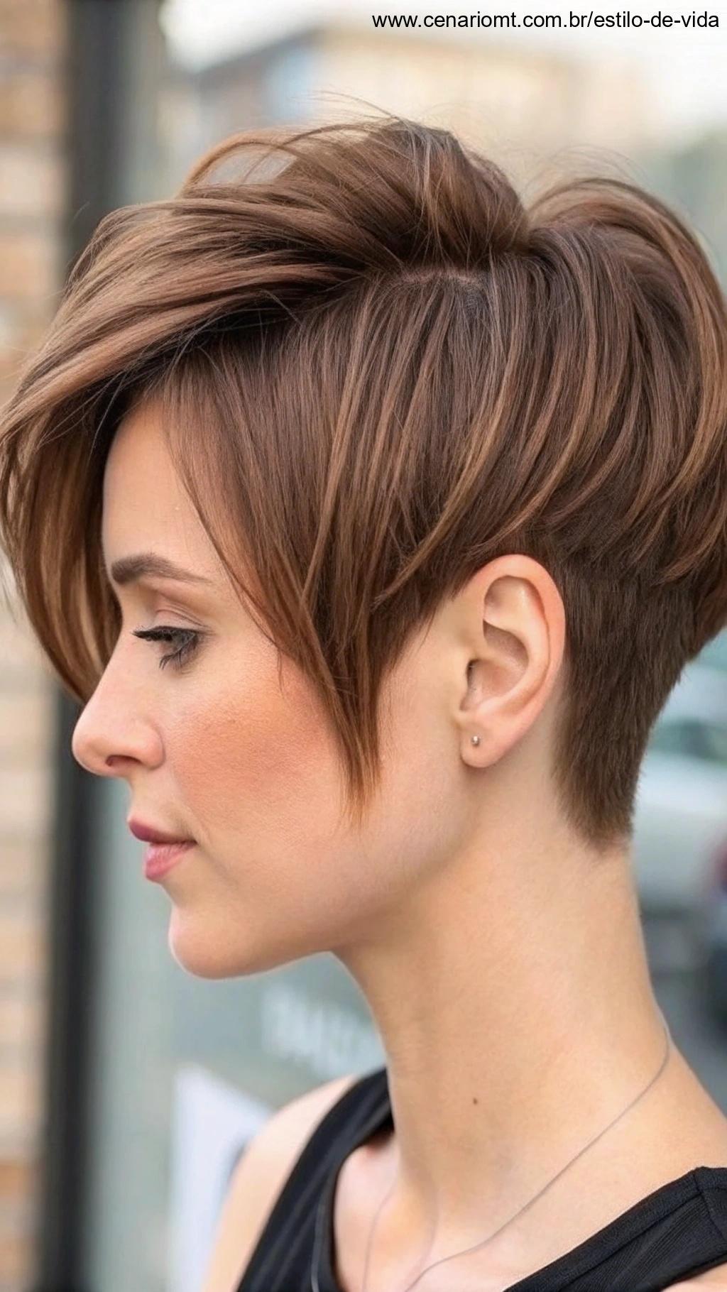 Corte assimétrico com franja lateral e volume.