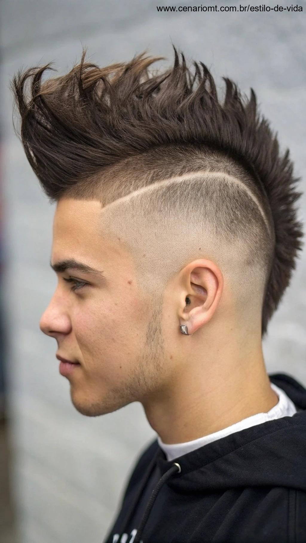 Corte faux hawk, com os lados raspados e o topo estilizado com pontas, para quem gosta de ousar.