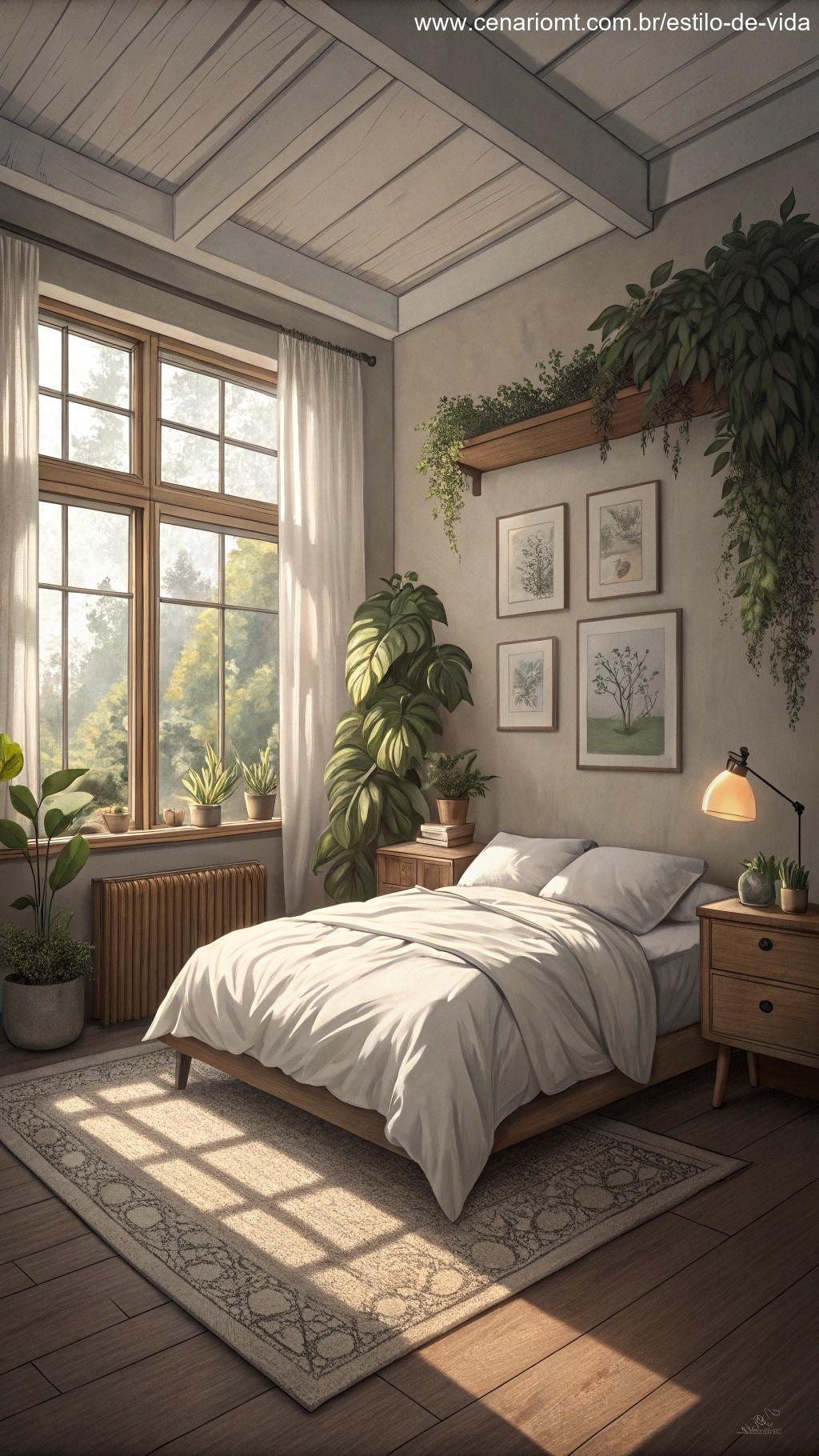 Imagem de um quarto sereno com luz natural suave e decoração minimalista.