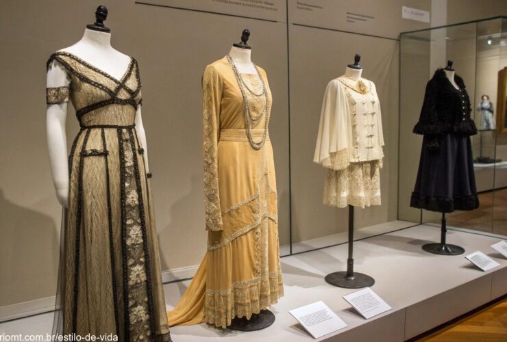 Uma coleção de roupas vintages de diferentes épocas exibidas em manequins em um museu de moda.