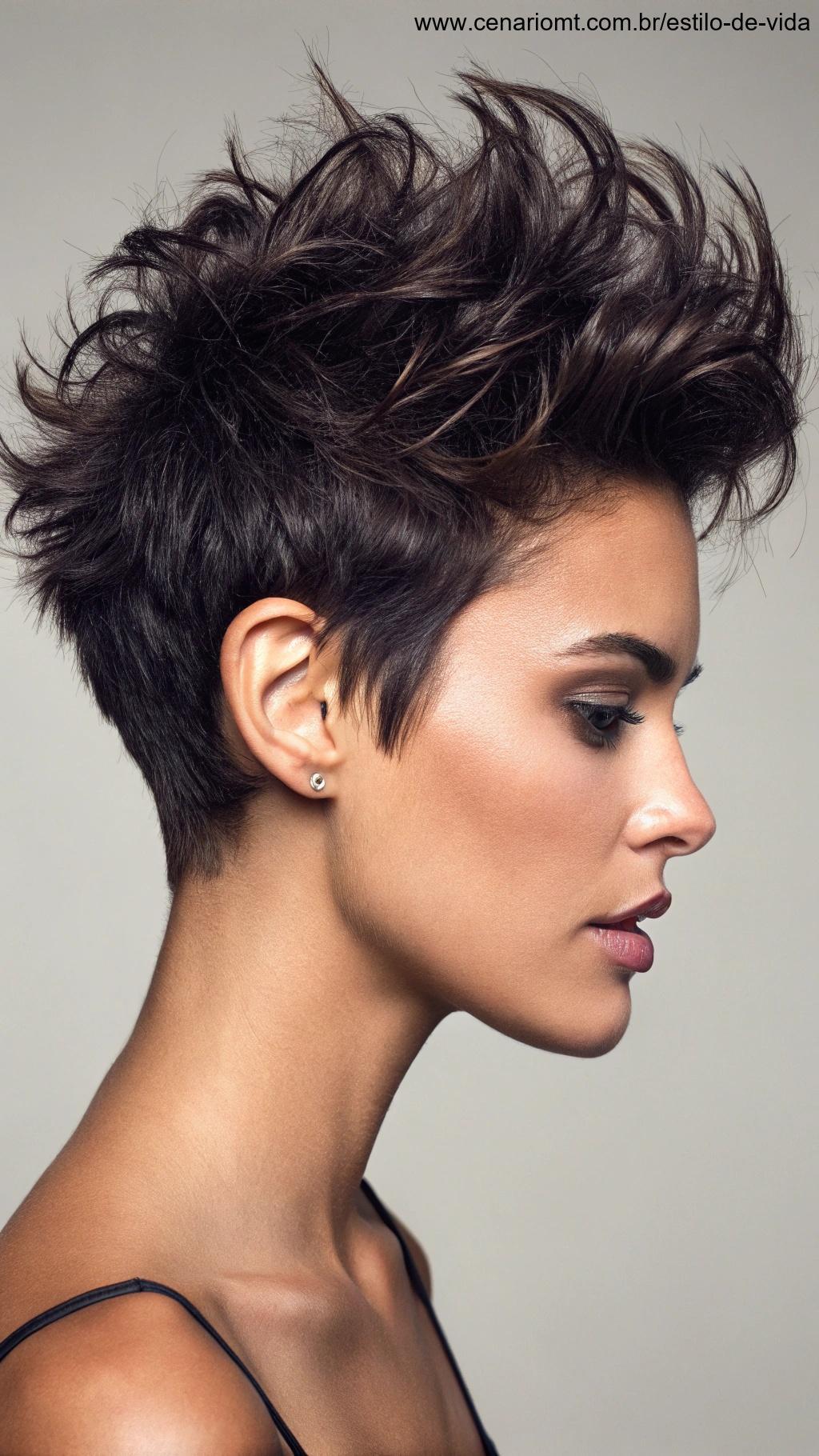 Corte curto com volume no topo e textura marcante.