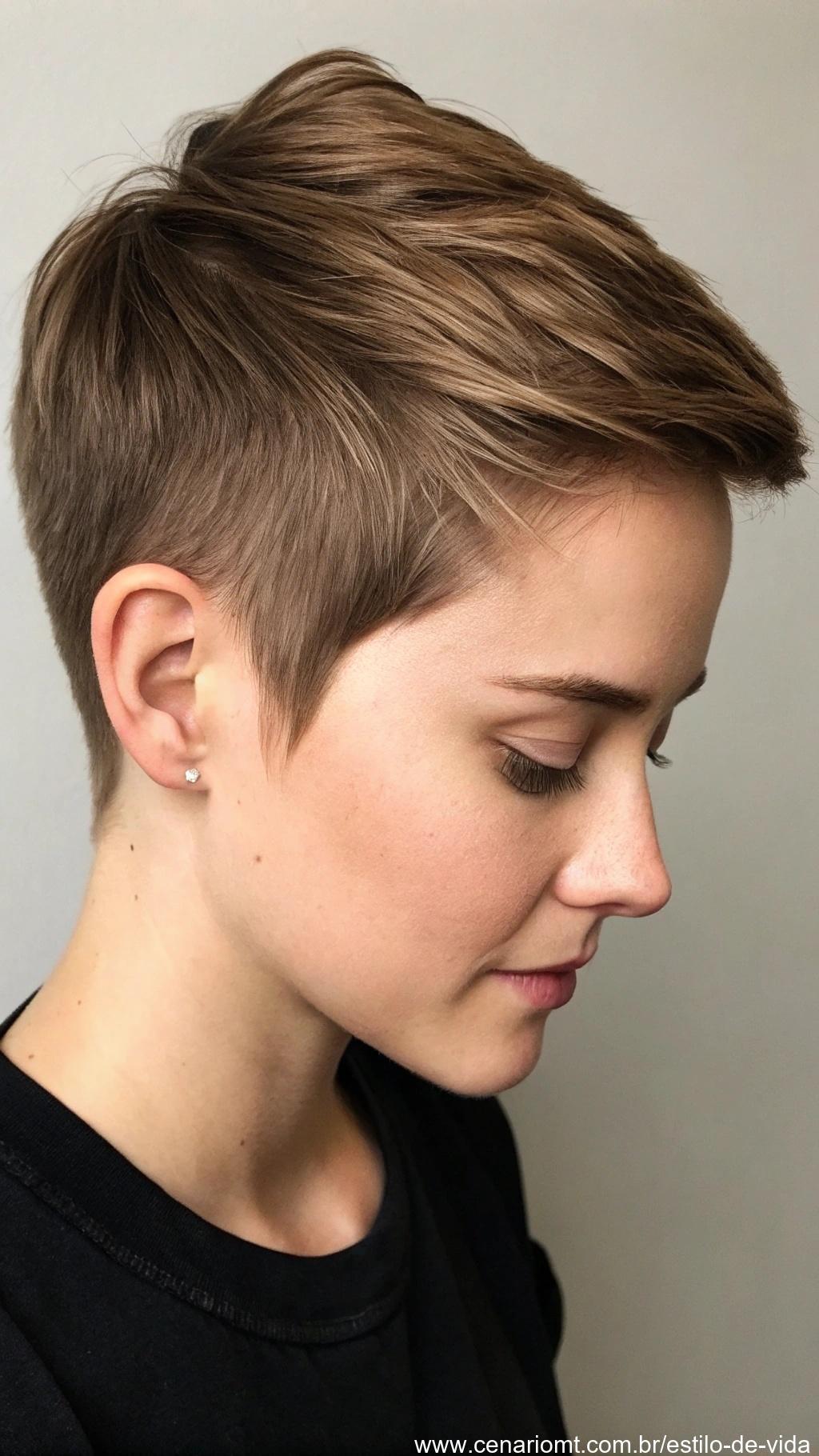 Corte de cabelo curto e simples, mas estiloso, fácil de manter.