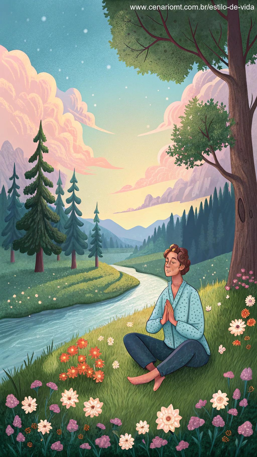Cena vibrante com uma pessoa meditando na natureza.