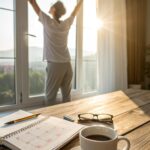 Pessoa espreguiçando-se ao lado de uma janela com luz do sol e uma xícara de café sobre a mesa.