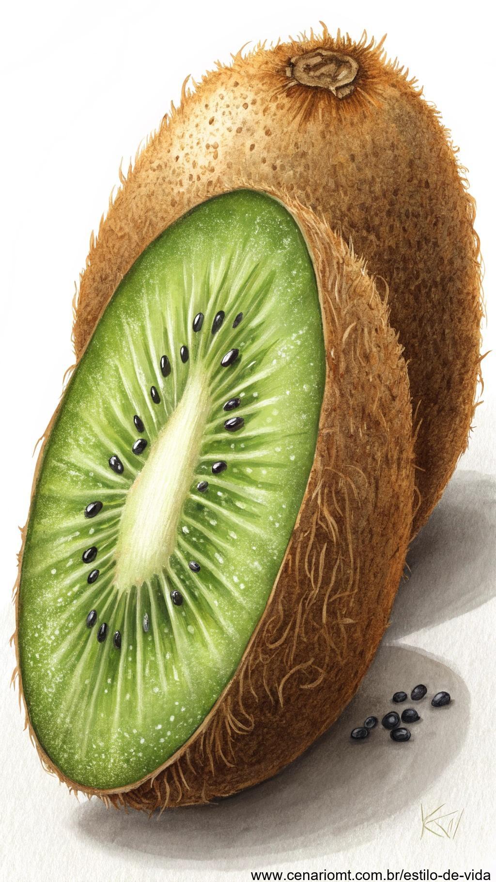 Uma fatia de kiwi com sua polpa verde vibrante e pequenas sementes pretas visíveis, ao lado de sua casca marrom peluda.