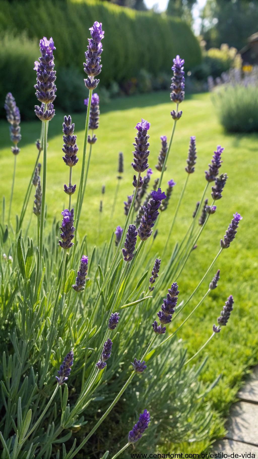 Uma planta de lavanda com flores roxas e folhas aromáticas crescendo no jardim ensolarado.