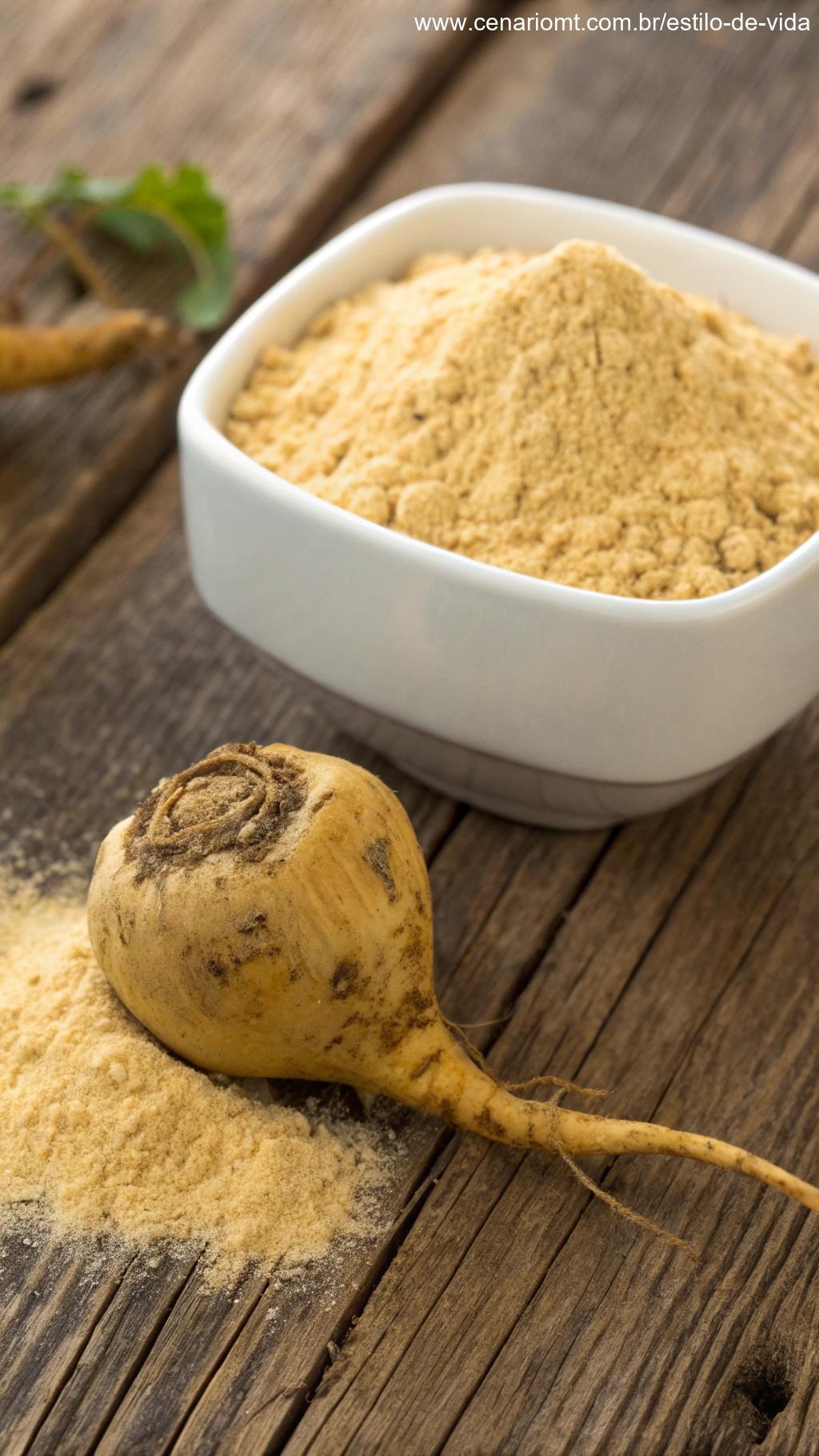 Raiz de Maca Peruana e pó dispostos sobre uma mesa de madeira rústica, mostrando a forma única da raiz e o pó ao lado.