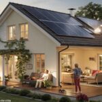 Ilustração detalhada de um ambiente doméstico com práticas de economia de energia.