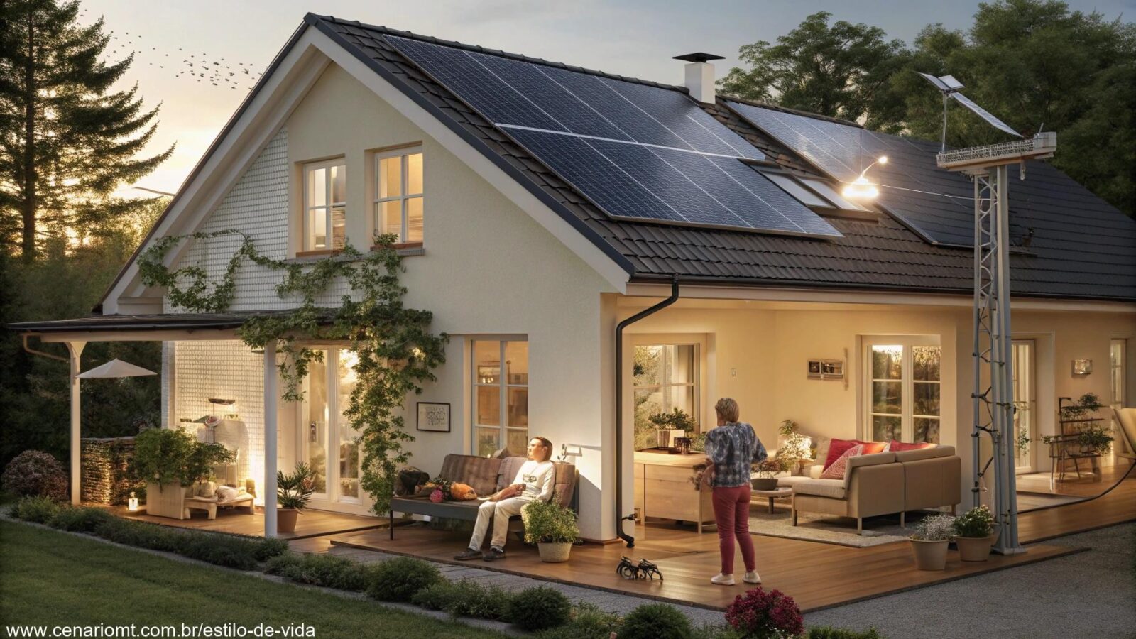 Ilustração detalhada de um ambiente doméstico com práticas de economia de energia.