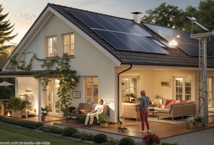 Ilustração detalhada de um ambiente doméstico com práticas de economia de energia.