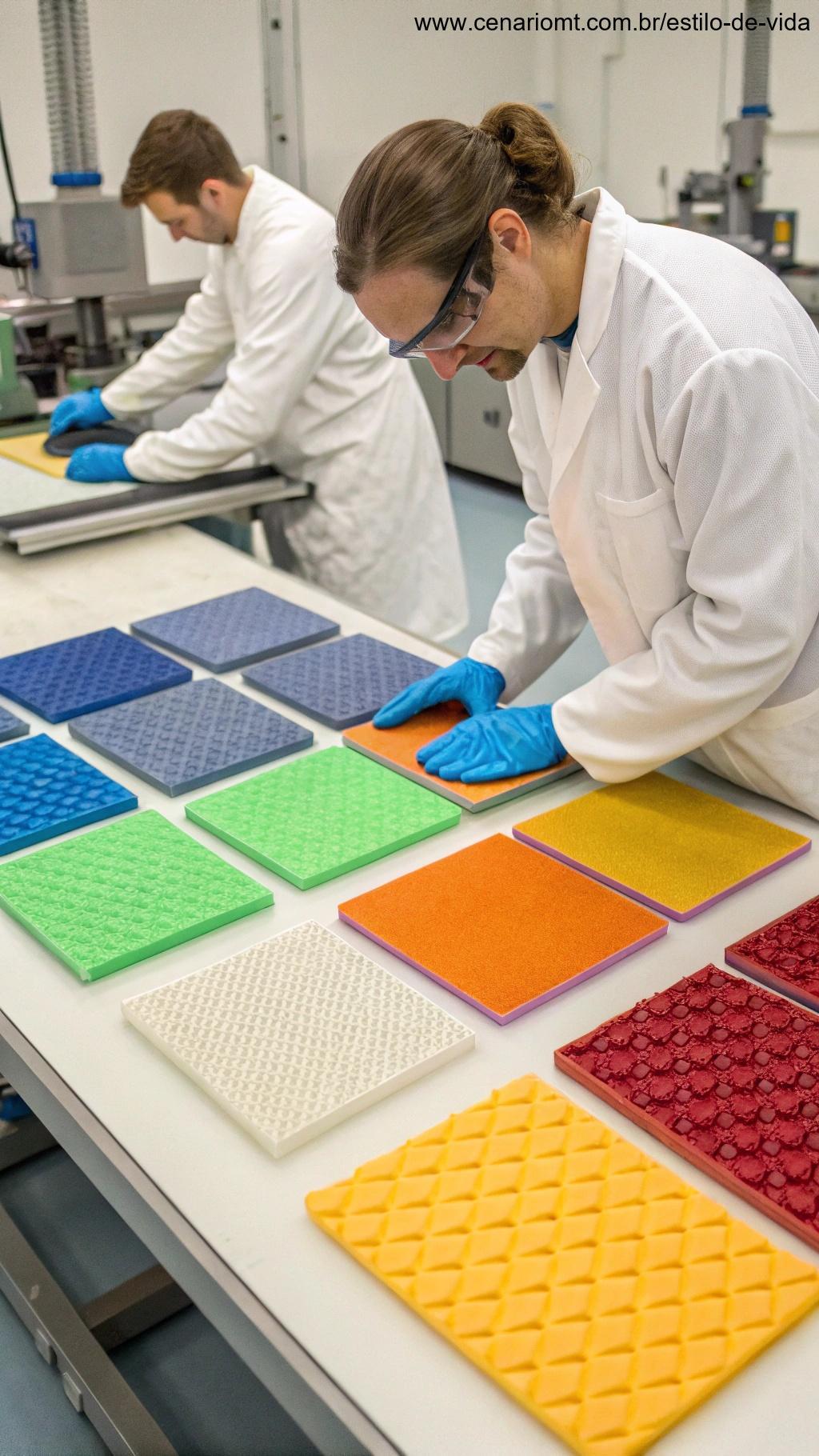 Laboratório inovador exibindo materiais inteligentes com superfícies autorregenerativas e materiais adaptativos mudando de forma e cor.